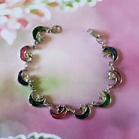 ABALONE Inlay Shell Multicolour Moon and Star Bracelet, Anklet Bracelet - Picture 2 of 5